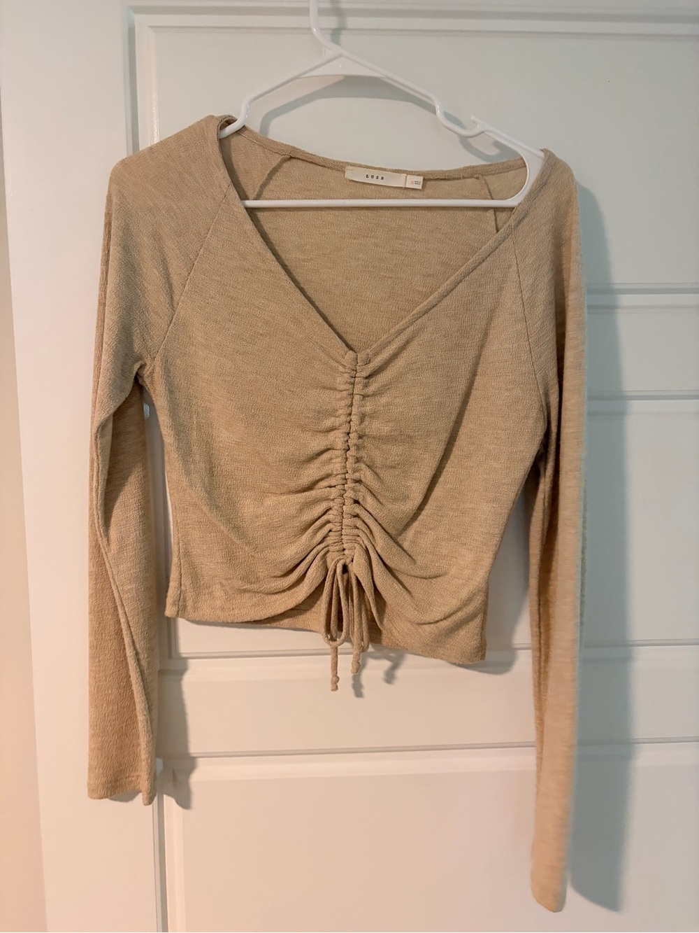 Ruched V-Neck Long Sleeve Top - Beige